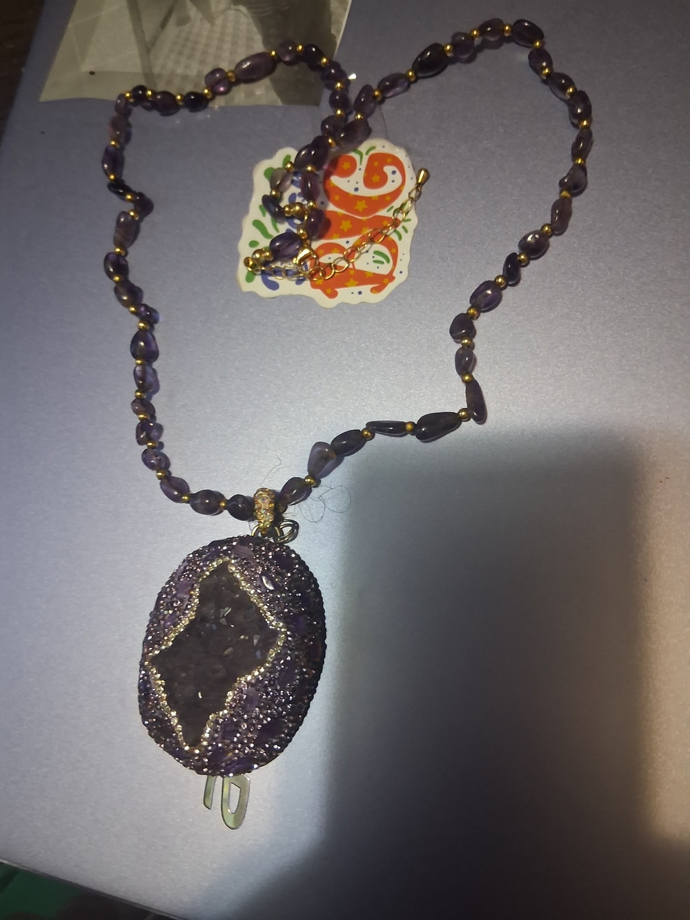 Purple Druzy Pendant Necklace with Beaded Chain